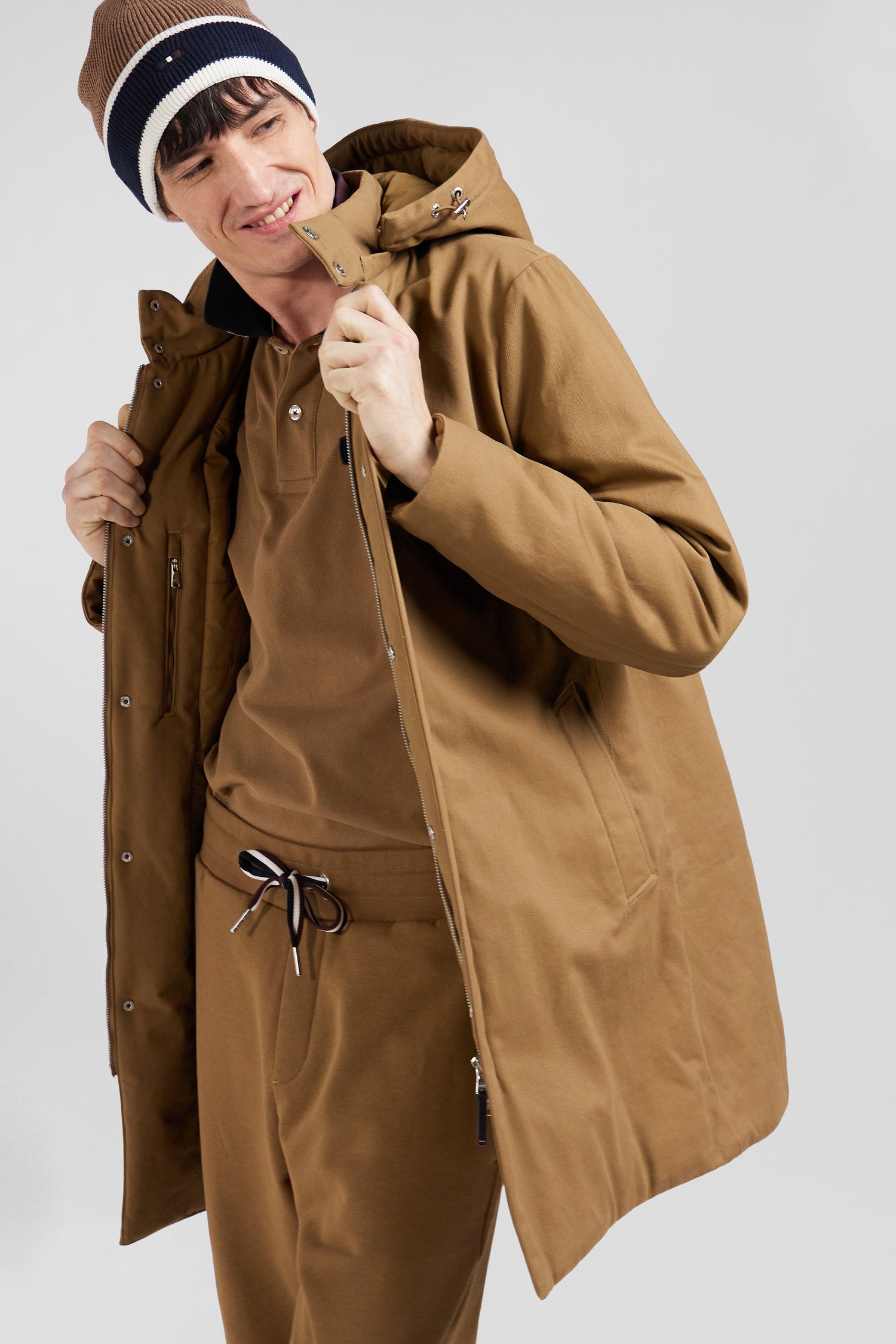 Parka à capuche en gabardine de coton camel