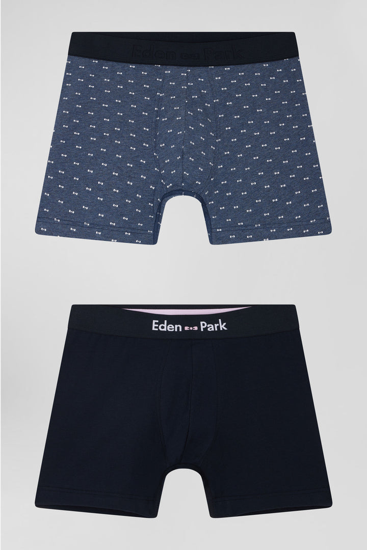 Lot de 2 boxers en coton stretch uni et micro-motifs bleu foncé