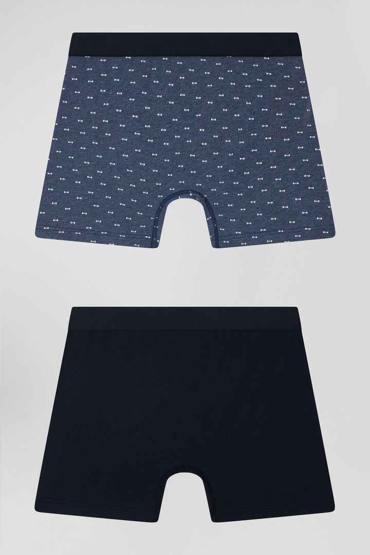 Lot de 2 boxers en coton stretch uni et micro-motifs bleu foncé