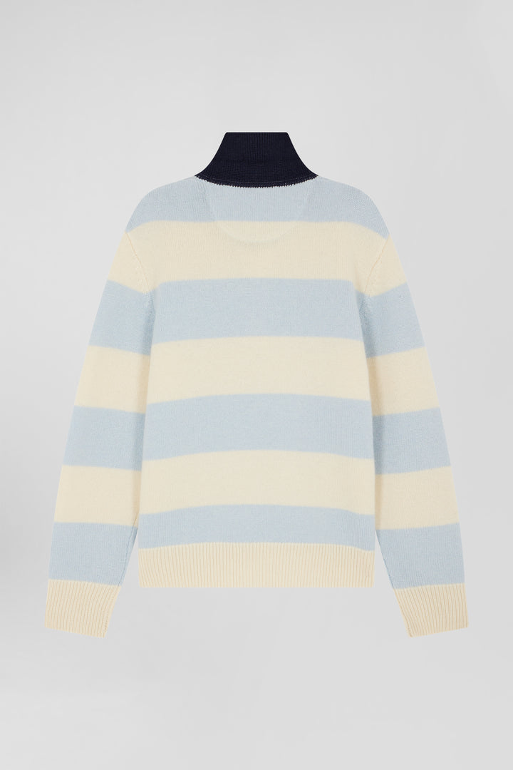 Pull col polo en laine et cachemire rayé bleu et écru