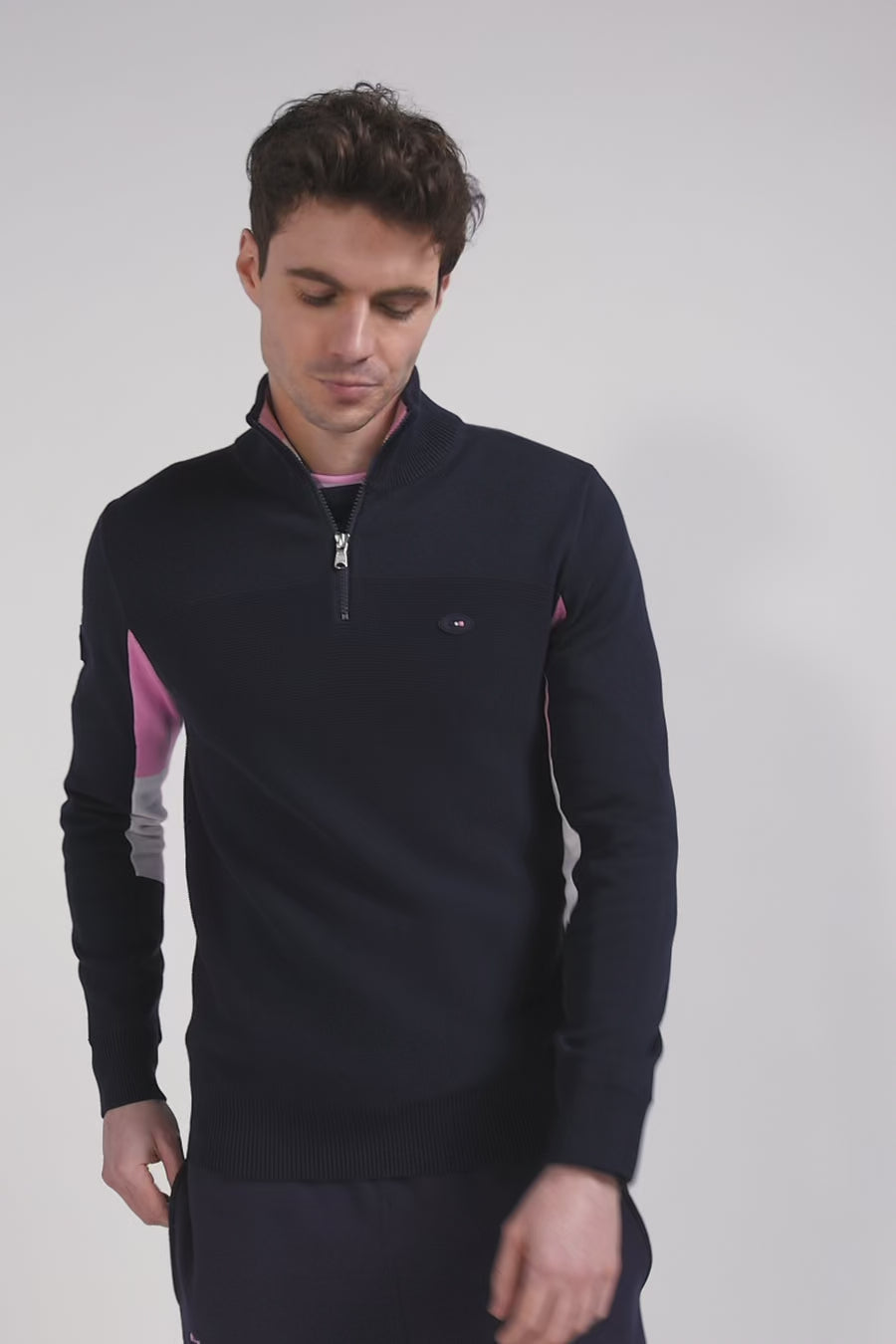 Pull zippé en coton bleu marine XV de France coupe Regular