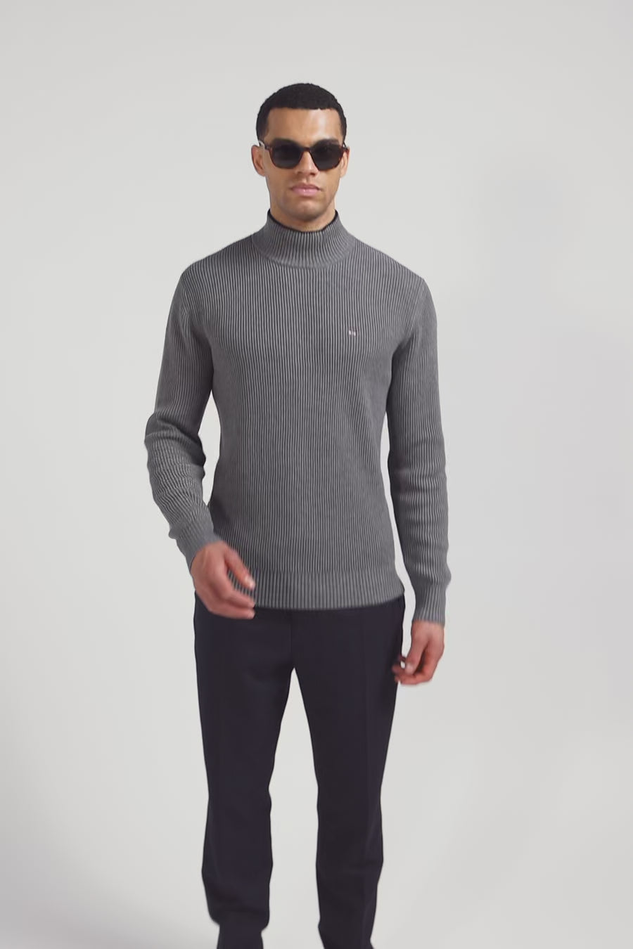 Regular grey wool and cotton high-neck jumper