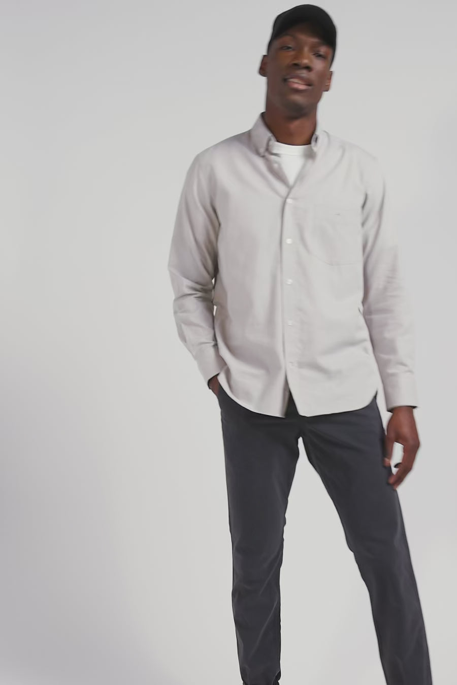 Regular plain grey cotton twill shirt with button-down collar