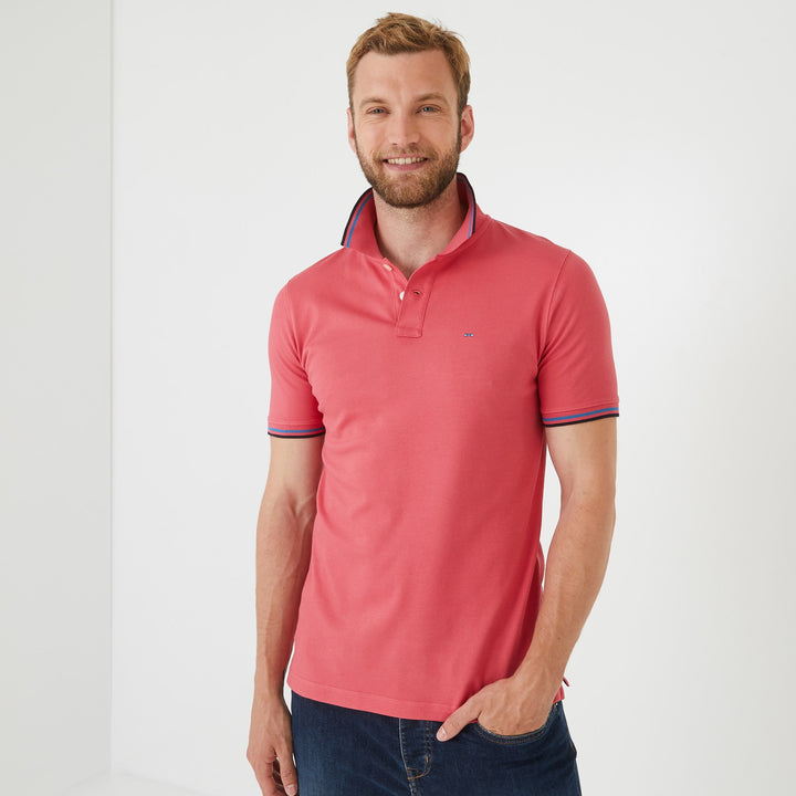 Polo rouge clair en coton Pima à détails tricolores